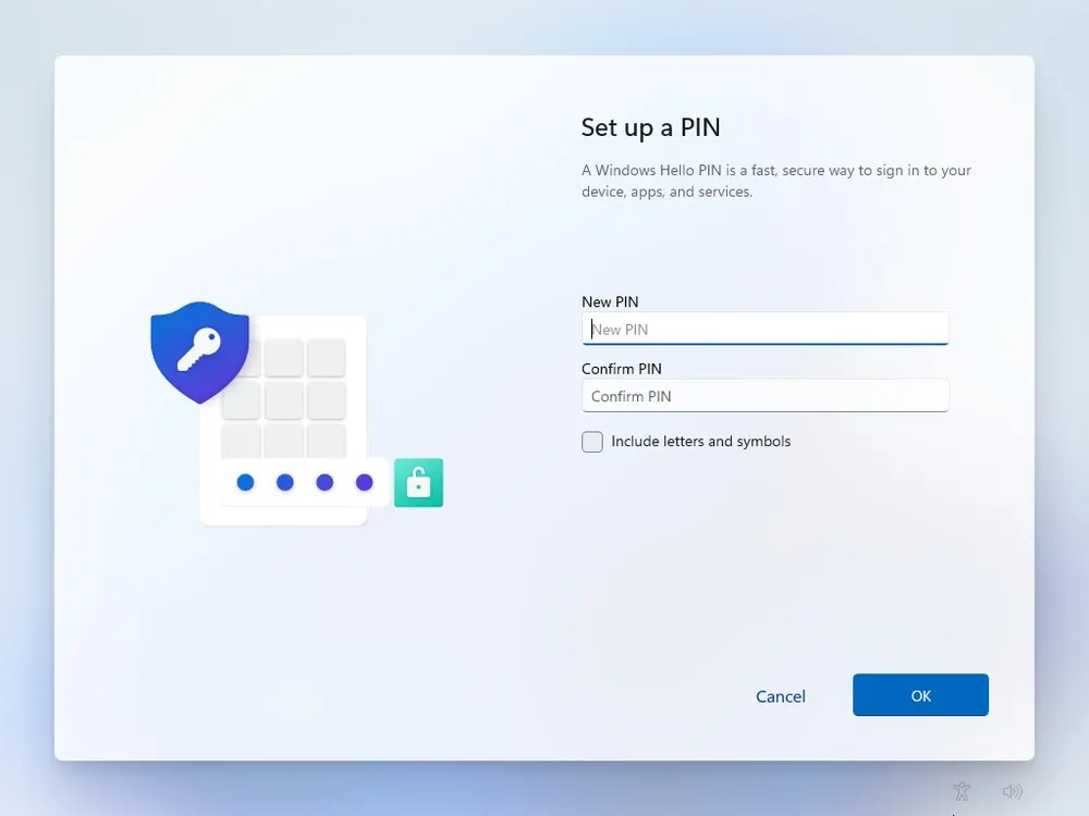 Windows PIN setup screen