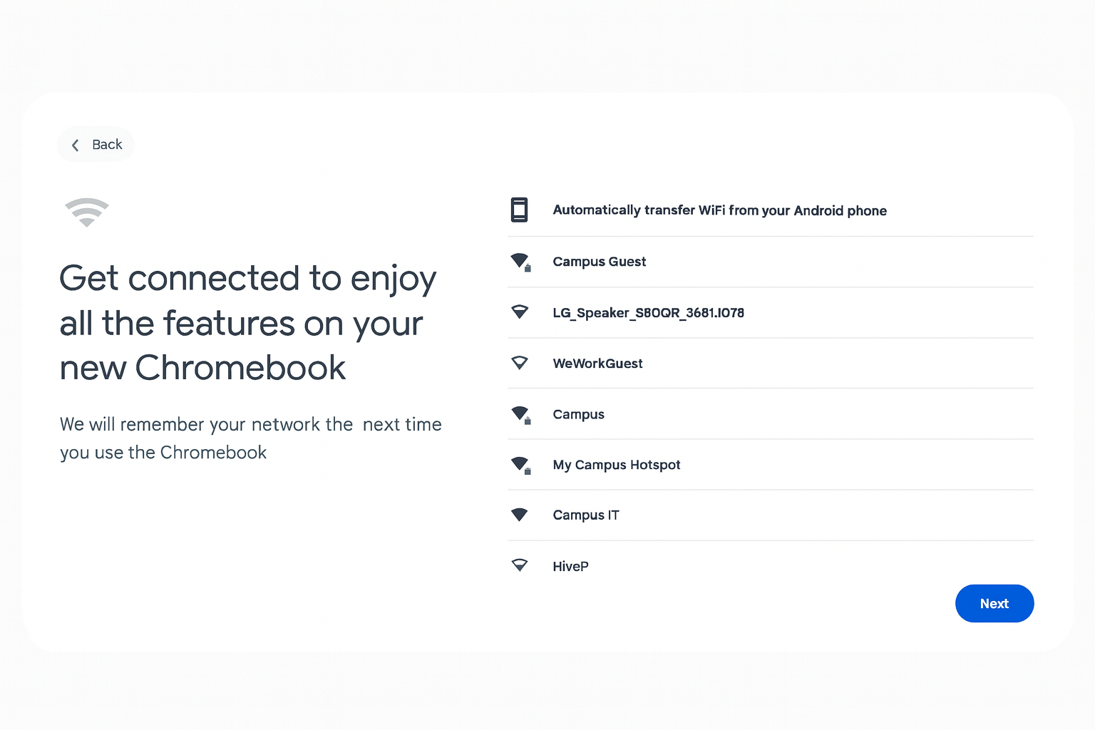Wi-Fi selection screen