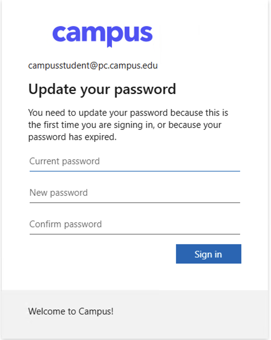 Password update screen