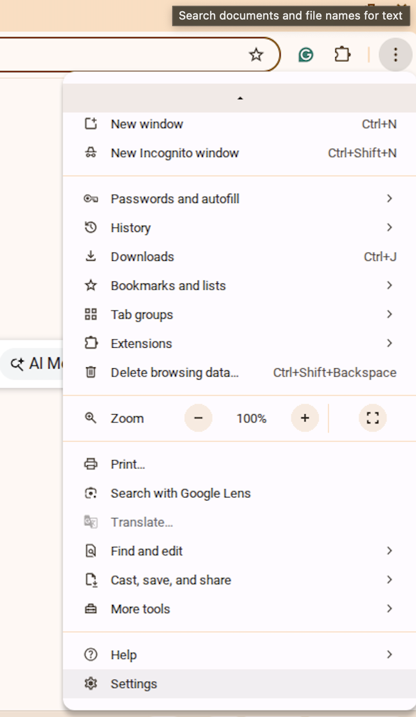 Chrome menu highlighting Settings