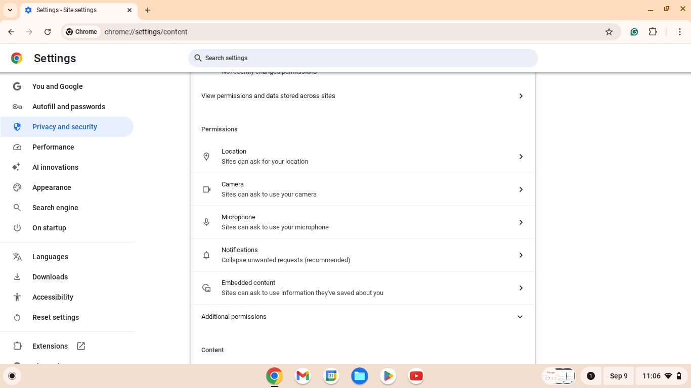 Camera or Microphone settings page