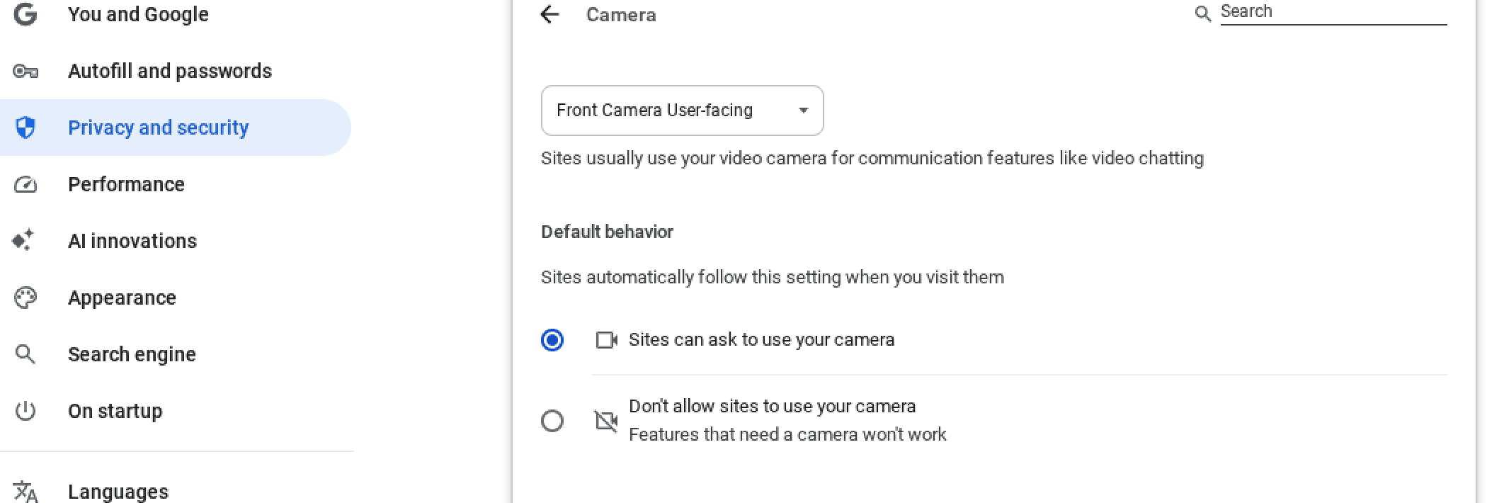 Sites can ask to use camera – setting turned ON